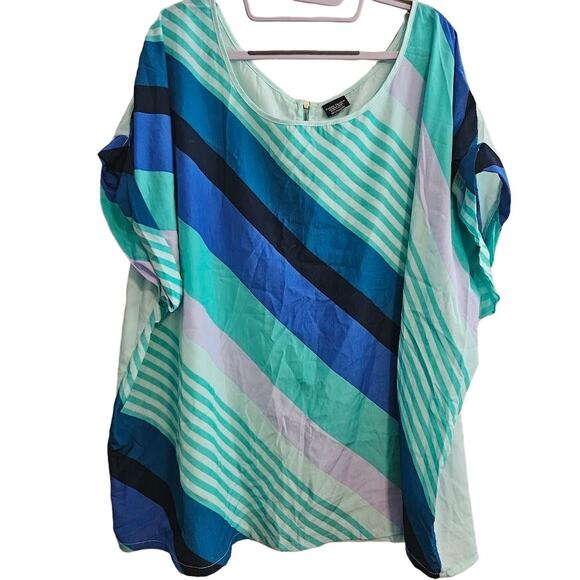 4X Cap sleeve mint blue striped short sleeve top with zipper back - Picture 1 of 7